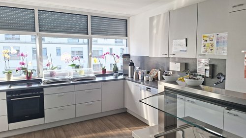 Eine weiße Küche in L-Form mit Herd, Backofen, Geschirrspüler, Spüle, Kühlschrank, usw. Im Hintergrund sind drei Fenster mit Blumen auf dem Fensterbrett. Das mittlere Fenster ist gekippt.