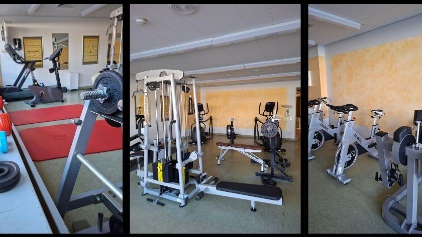 3 Bilder eines Fitnessraums mit verschiedenen Fitnessgeräten