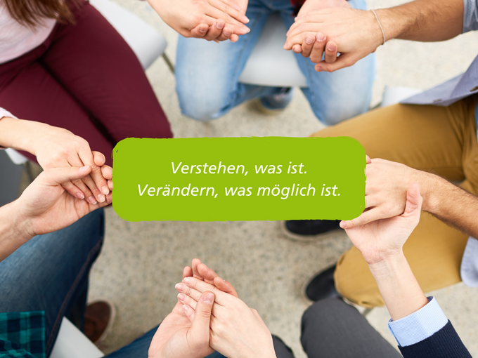 Menschen sitzen im Kreis und halten sich an den Händen. Schriftzug: "Verstehen, was ist. Verändern, was möglich ist."